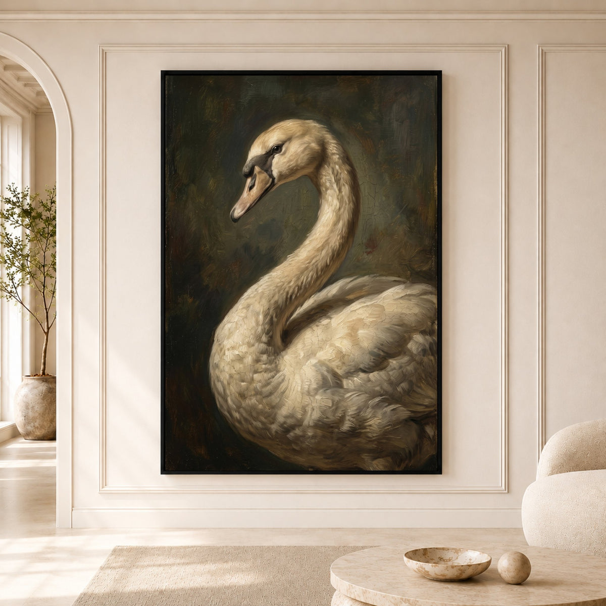 Graceful White Swan Oil Painting Style Canvas Print Wall Art, Elegant Wildlife Decor - Mockup Display 5