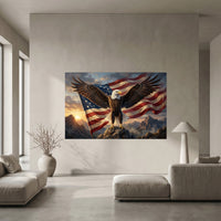 Bald Eagle Stretched Canvas Wall Art, American Flag Wildlife Print, Patriotic Statement Decor