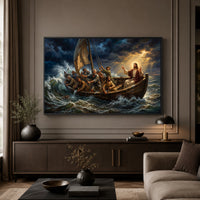 Jesus Christ Calming Storm Oil Painting Style Canvas Print Wall Art, Inspirational - Mockup Display 5