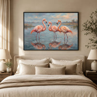 Three Pink Flamingos Oil Painting Style Canvas Print Wall Art, Serene Decor - Mockup Display 5