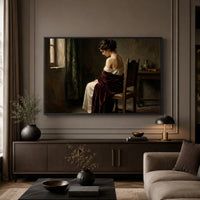 Contemplative Woman in Red Shawl, Classical Oil Painting Style Canvas Print Wall Art, Elegant. - Mockup Display 5