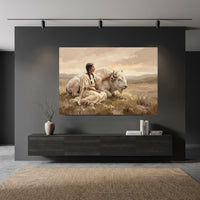 Native American Woman & White Buffalo Oil Painting Style Canvas Print Wall Art, Serene Landscape - Mockup Display 5