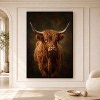 Majestic Highland Cow Portrait Oil Painting Style Canvas Print Wall Art, Rustic Farmhouse Decor - Mockup Display 5