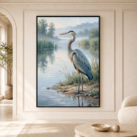 Great Blue Heron Oil Painting Style Canvas Print Wall Art, Serene Waterside Decor - Mockup Display 5