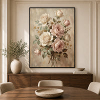 Romantic Blush & Cream Roses Oil Painting Style Canvas Print Wall Art, Elegant Home Decor - Mockup Display 5