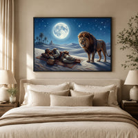 Desert Night Lion and Sleeping Man Oil Painting Style Canvas Print Wall Art - Mockup Display 5
