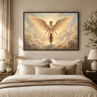Serene Angel and Child Oil Painting Style Canvas Print Wall Art, Inspiring Divine Glow - Mockup Display 5