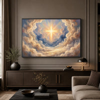 Radiant Cross in Divine Clouds Oil Painting Style Canvas Print Wall Art, Spiritual Decor - Mockup Display 5