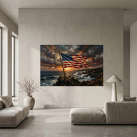 Patriotic American Flag Coastal Sunset Oil Painting Style Canvas Print Wall Art Decor - Mockup Display 5