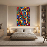 Colorful Abstract Faces Stretched Canvas Wall Art, Modern Geometric Portrait Print, Bold Room Decor