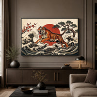 Dynamic Japanese Ukiyo-e Tiger Waves & Sun Canvas Print Wall Art, Zen Decor - Mockup Display 5
