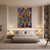 Geometric Faces Stretched Canvas Wall Art, Colorful Modern Portrait Print, Bold Living Room Decor