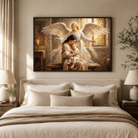 Guardian Angel Protecting Mother and Child Oil Painting Style Canvas Print Wall Art, Serene - Mockup Display 5