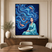Elegant Woman with Flowing Water Hair Koi Fish Artistic Canvas Print Wall Art - Mockup Display 5