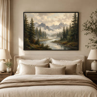 Serene Mountain Forest River Oil Painting Style Canvas Print Wall Art Décor - Mockup Display 5