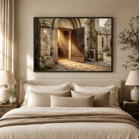 Ancient Church Entrance Sunlit Path Oil Painting Style Canvas Print Wall Art - Mockup Display 5