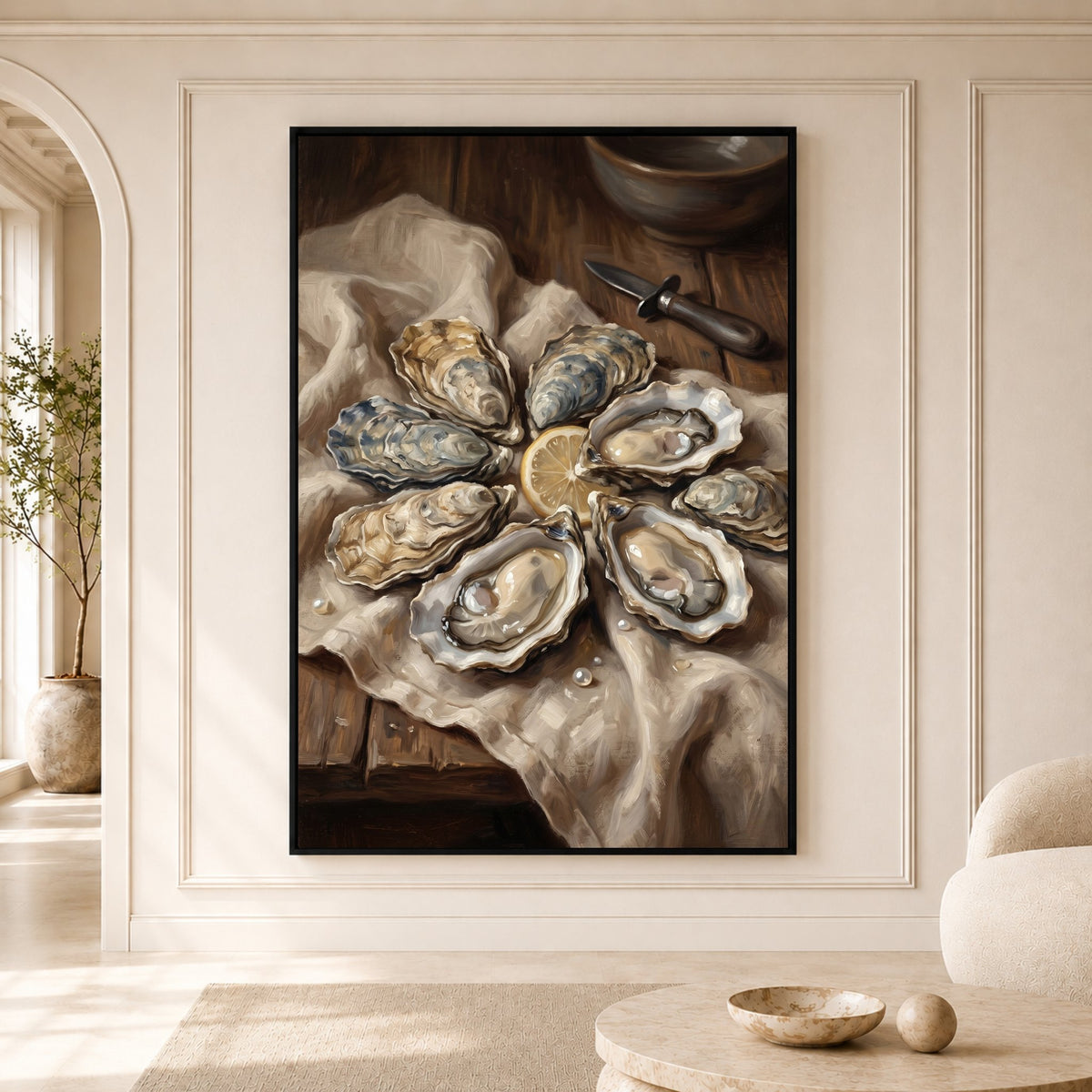 Fresh Oysters with Lemon Oil Painting Style Canvas Print Wall Art for Kitchen - Mockup Display 5