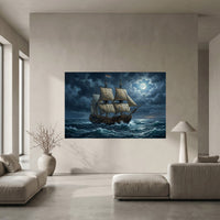 Dramatic Galleon Ship Moonlight Oil Painting Style Canvas Print Wall Art, Nautical Adventure - Mockup Display 5