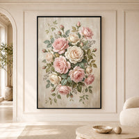 Romantic Pink Cream Roses Floral Oil Painting Style Canvas Print Wall Art Elegant Decor - Mockup Display 5