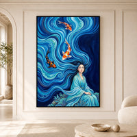 Mythical Woman Koi Fish Oil Painting Style Canvas Print Wall Art, Zen Decor - Mockup Display 5