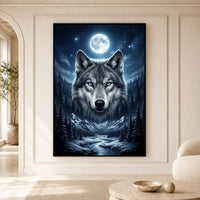 Mystical Blue-Eyed Wolf & Winter Moonlight Forest Canvas Print Wall Art Decor - Mockup Display 5