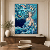 Mystical Water Woman with Koi Fish Oil Painting Style Canvas Print Wall Art Serene - Mockup Display 5