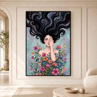 Mystical Woman with Vibrant Flowers Artistic Canvas Print Wall Art, Dreamy Portrait - Mockup Display 5
