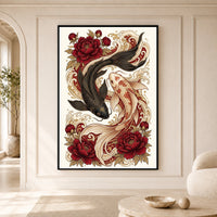 Yin Yang Koi Fish Peony Japanese Art Style Canvas Print Wall Art, Elegant Decor - Mockup Display 5