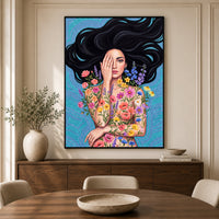 Enchanting Floral Woman Illustration Canvas Print Wall Art, Serene Beauty - Mockup Display 5