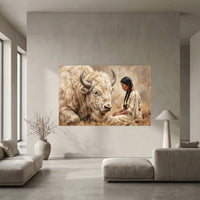 White Bison & Native American Woman Oil Painting Style Canvas Print Wall Art, Spirit - Mockup Display 5