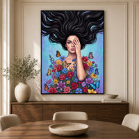 Vibrant Pop Art Woman with Flowers & Butterflies Canvas Print Wall Art Décor - Mockup Display 5