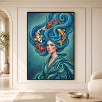 Mystical Woman with Koi Fish Canvas Print Wall Art, Elegant Fantasy Style Decor - Mockup Display 5