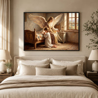 Guardian Angel & Child Praying Oil Painting Style Canvas Print Wall Art, Divine Grace - Mockup Display 5