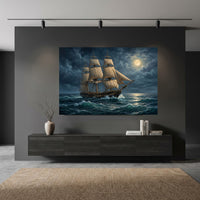 Dramatic Tall Ship Stormy Sea Moonlight Oil Painting Style Canvas Print Wall Art - Mockup Display 5