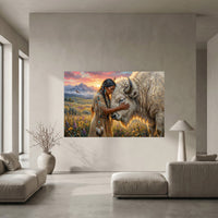 Native Woman & White Bison Oil Painting Style Canvas Print Wall Art, Spiritual Serenity - Mockup Display 5