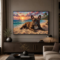 French Bulldog in Glasses on Tropical Sunset Beach Oil Painting Style Canvas Print Wall Art - Mockup Display 5