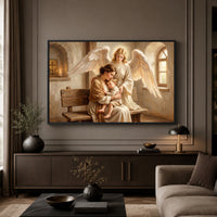Religious Mother Child and Guardian Angel Oil Painting Style Canvas Print Wall Art - Mockup Display 5