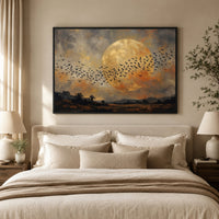 Flock of Birds Full Moon Landscape Oil Painting Style Canvas Print Wall Art for Home - Mockup Display 5