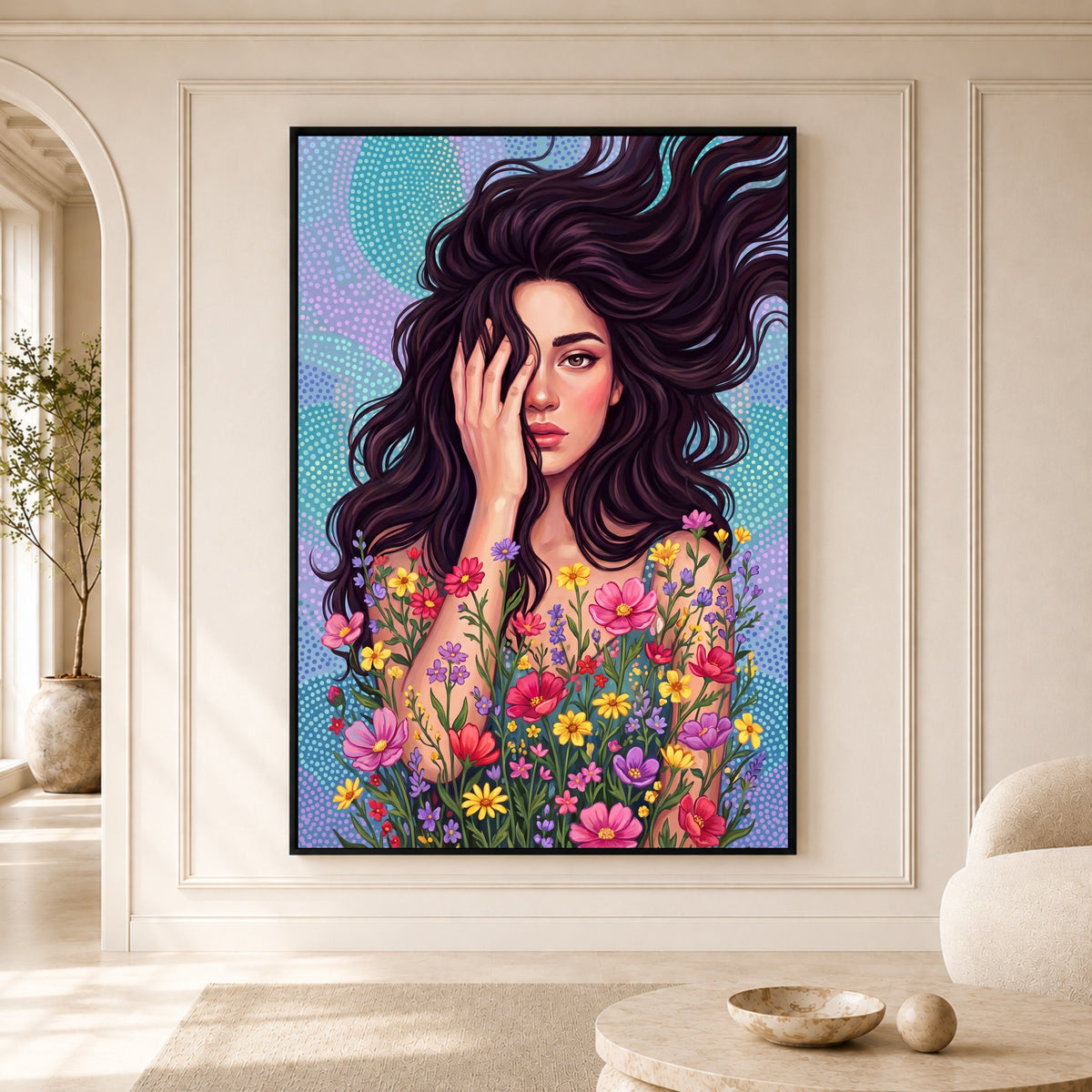 Dynamic Woman Floral Portrait Oil Painting Style Canvas Print Wall Art, Elegant - Mockup Display 5