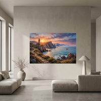 Vibrant Coastal Sunset Lighthouse Oil Painting Style Canvas Print Wall Art, Serene - Mockup Display 5