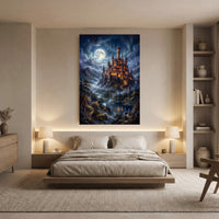Enchanted Fantasy Castle Oil Painting Style Canvas Print Wall Art Night View - Mockup Display 5