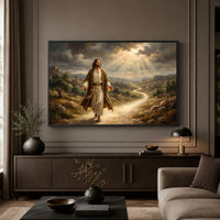 Jesus Walking Path Oil Painting Style Canvas Print Wall Art, Divine Light - Mockup Display 5