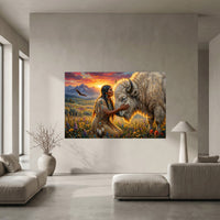 Native American Woman & White Bison Oil Painting Style Canvas Print Wall Art, Serene Landscape - Mockup Display 5