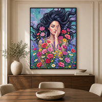Woman in Wildflowers Oil Painting Style Canvas Print Wall Art with Vibrant Hues - Mockup Display 5
