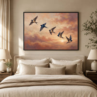 Barn Swallows Sunset Sky Oil Painting Style Canvas Print Wall Art for Nature Lovers - Mockup Display 5