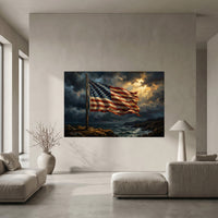 American Flag Coastal Canvas Wall Art, Dramatic Patriotic Seascape Print, Rustic Living Room Decor