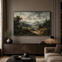 Misty Castle Landscape Oil Painting Style Canvas Print Wall Art, Majestic Scenery - Mockup Display 5