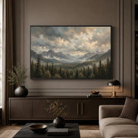 Dramatic Misty Mountain Forest Oil Painting Style Canvas Print Wall Art Decor - Mockup Display 5