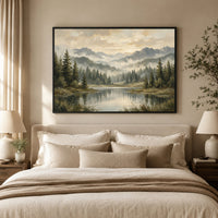Misty Mountain Lake Landscape Oil Painting Style Canvas Print Wall Art, Rustic Decor - Mockup Display 5