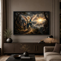 Divine Guardian Angel & Child Oil Painting Style Canvas Print Wall Art, Serene Landscape - Mockup Display 5